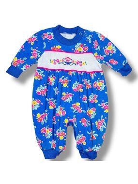Vintage Healthtex Baby Girl Blue Pink Floral Long Sleeve Jumper Romper Outfit 3m